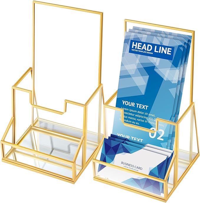2 Pcs 4 Inches Gold Glass Brochure Holder Countertop Literature Trifold Pamphlet Stand with Business Name Card Holder Flyer Brochure Display for Magazine, Booklets, Menu, Journals Display-DeskLoop Office