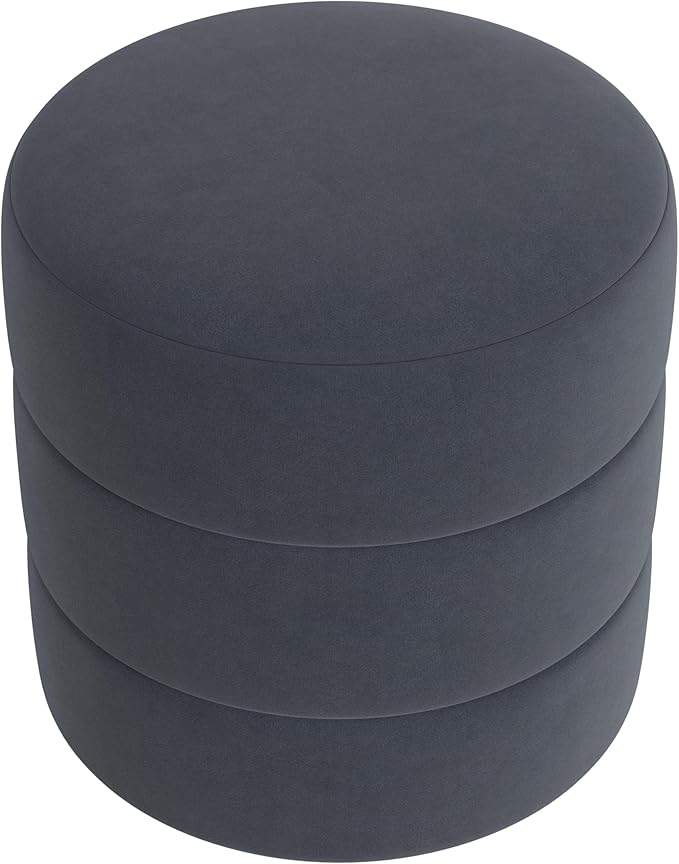 HomePop Upholstered Round Ottoman Home Décor|Foot Rest Ottoman - Steel Blue Velvet-DeskLoop Office