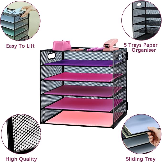 5 Tier Lettrer Tray Organizer, Metal Mesh Desk File Organizer - Image 3