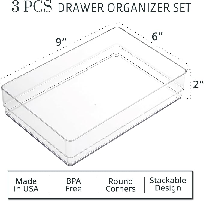 STORi SimpleSort 3-Piece Stackable Clear Drawer Organizer Set | 9" x 6" x 2" - Image 2