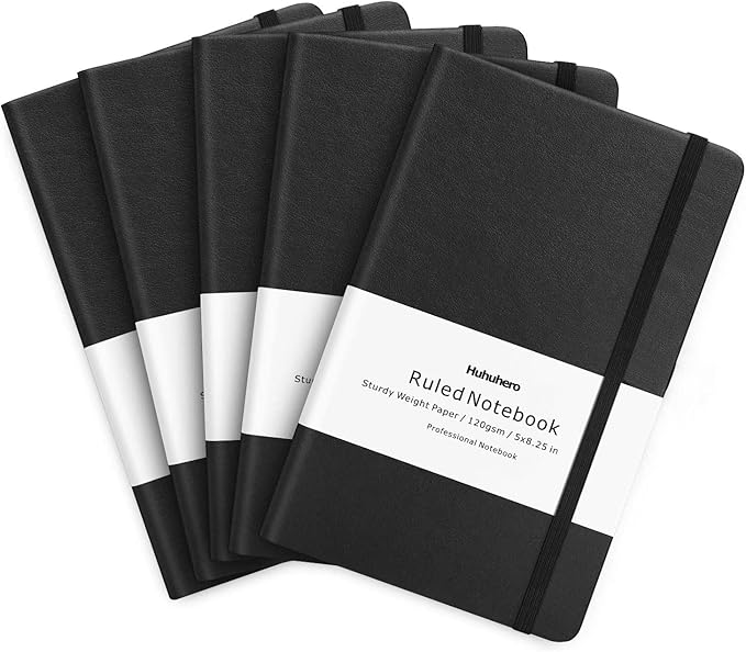 Huhuhero Lined Journal Notebook, 5 Pack Black Hardcover Notebooks for Work Women Men, 120Gsm Thick Paper Leather Journals for Writing Note Taking Business, Journaling School Supplies 5"×8.25"-DeskLoop Office