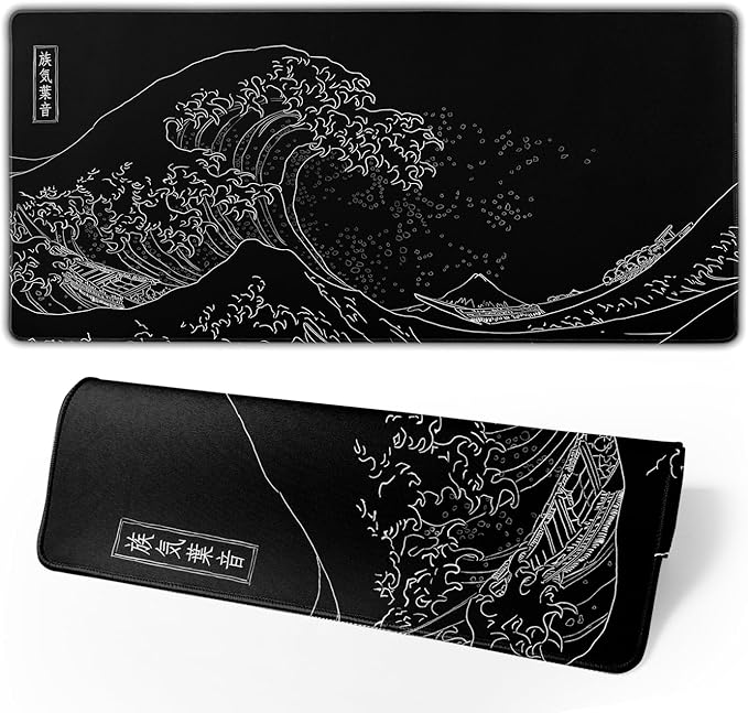 Japanese Gaming Mouse Pad Black Mouse Pad Kanagawa Large Mousepad Non-Slip by Brecoy