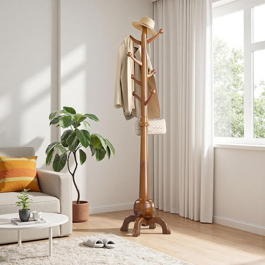 Wood Coat Rack Freestanding, Solid Wooden Hall Tree with 8 Hooks, Coat Tree Freestanding Heavy Duty with Stable Base, Entryway Hallway Bedroom Office Use, 240lbs Load Capacity H:71.6in (Natural)-DeskLoop Office