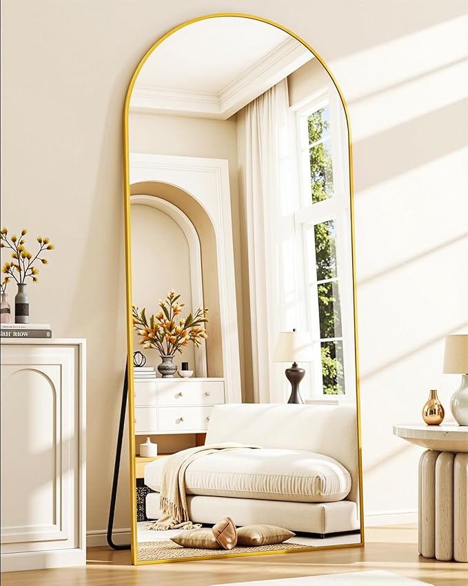 Full-Length Floor Mirror with Stand, 71"x32" Arched Style Full Body Standing Mirror for Bedroom, Living Room, Gym, Dorm - Shatter-Resistant & Easy Assembly, Gold-DeskLoop Office