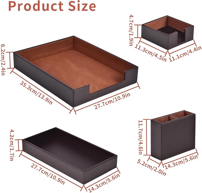 4 Pack Leather Office Supplies/Desk Organizer for Letter Paper Tray,Sticky Note Holder,Pen Cup,Stackable Small Letter Mail Sorter Tray,Workspace Decor for Women Men (Brown, 4-piece set)-DeskLoop Office