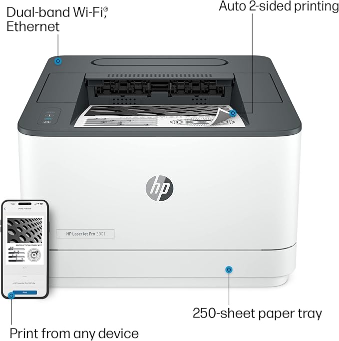 HP LaserJet Pro 3001dw Wireless Black & White Printer, Best-for-Office (3G65OF)-DeskLoop Office