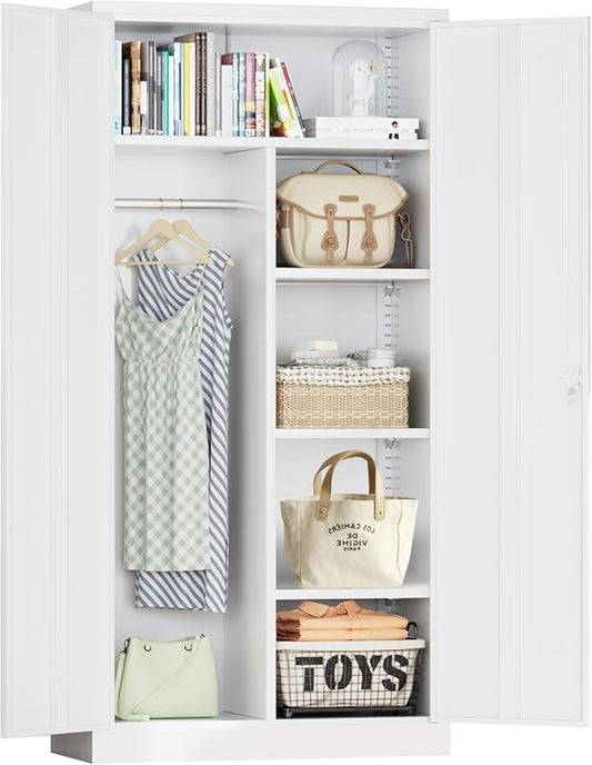 Greenvelly Metal Wardrobe Cabinet with Locking Doors, 72"H White Metal Wardrobe Closet with Hanging Rods and Adjustable Shelves, Clothing Storage Closet for Home, Office, Employee, Gym (16" D x 32" W)-DeskLoop Office