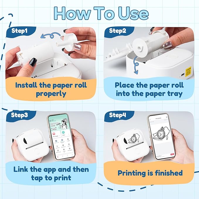 Print Pods Mini Printer, Sticker Maker Machine Y02C, Mini Portable Printer with 1 Roll Paper, Bluetooth Inkless Receipt for Phone, Thermal Portable Maker for Journal, Note, Photos, Learning-DeskLoop Office