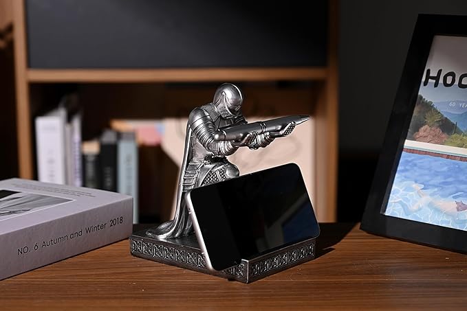 Windbreaker Soldier Knight Pen Holder Personalized Desk Accessory, Mobile Phone & Gaming Controller Holder, Device Stand Gift for Medieval Enthusiasts (Silver)-DeskLoop Office