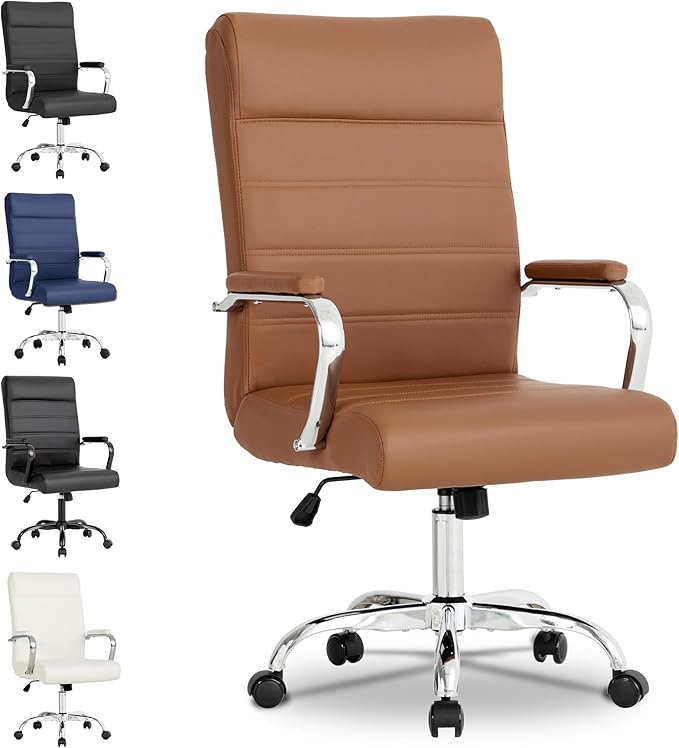 Office Desk Chair,Modern Leather Conference Room Chairs,High Back Ergonomic Home ofiice Chair,Adjustable Height Swivel Executive Computer Chairs with Padded Seat and Armrest (Brown)-DeskLoop Office