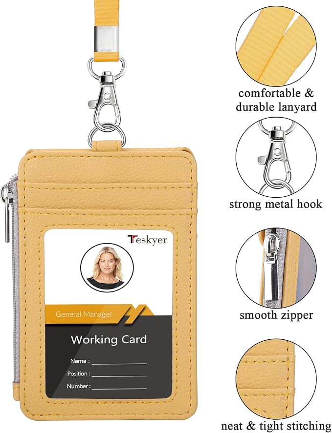 Teskyer ID Badge Holder with Lanyard, Lanyard Wallet, Lychee Yellow | 4-Card - Image 2