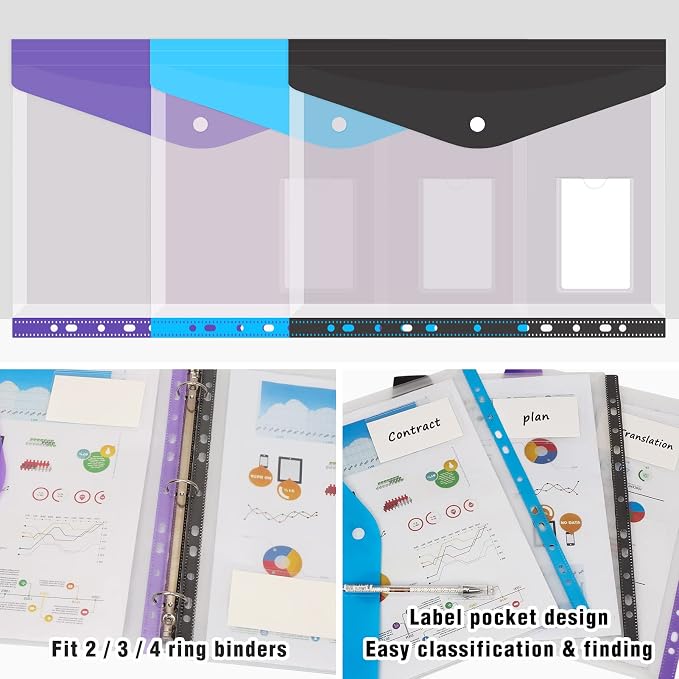 Colorlife Binder Pocket 12 Pack Plastic Envelopes Binder Folders 11 Holes - Image 5