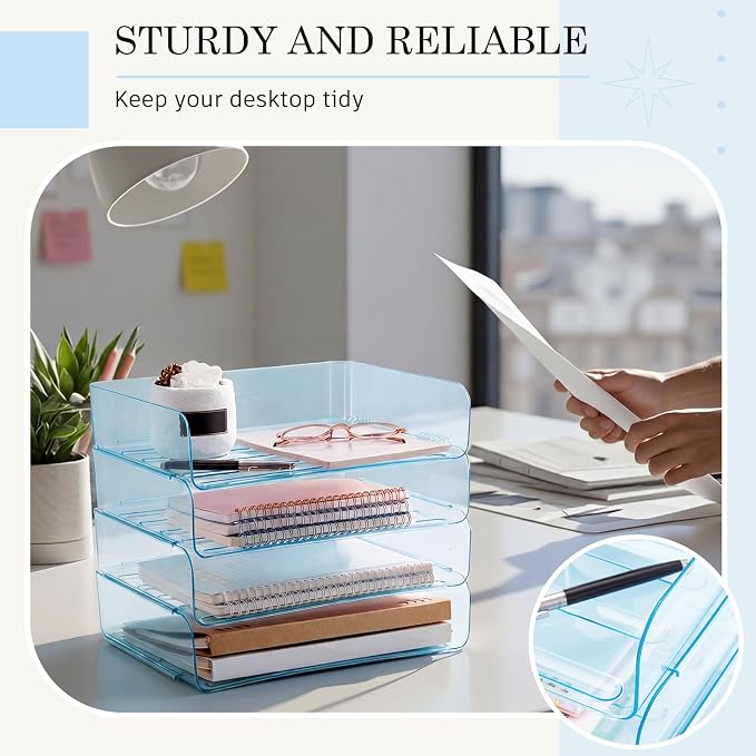 Harloon 4 Tier Clear Blue Acrylic Paper Organizer Letter Tray, Aesthetic - Image 6