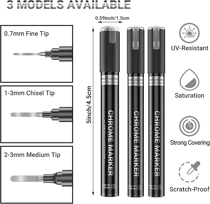 3Pcs Silver Liquid Mirror Chrome Markers, Permanent Reflective Metallic Chrome Paint Pen, High Gloss Car DIY Model Painting, Touch Up Repair Kit for Plastic Metal Glass Resins-DeskLoop Office