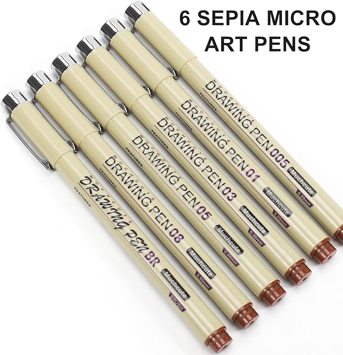 Muchcute Micro Fineliner Drawing Art Pens: 6 Sepia Fine Line Waterproof Ink Set - Image 3
