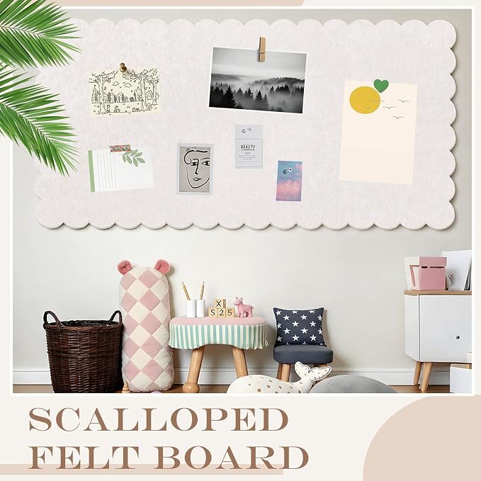 Mooliwe Scalloped Felt Bulletin Board 96 x 48 Inches Foldable Beige Pin Cork - Image 5