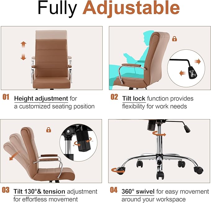 Office Desk Chair,Modern Leather Conference Room Chairs,High Back Ergonomic Home ofiice Chair,Adjustable Height Swivel Executive Computer Chairs with Padded Seat and Armrest (Brown)-DeskLoop Office