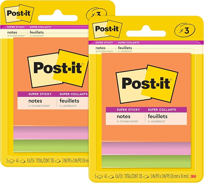 Post-it Super Sticky Notes, 3 Sticky Note Pads, 3 x 3 in., School Supplies by Unknown
