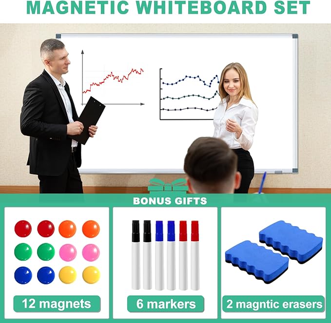 H-Qprobd Dry Erase White Board for Wall 6' x 3' Large Magnetic Whiteboard 72"x36" Aluminum Presentation Whiteboard with Long Pen Tray, 6 Markers, 2 Erasers &12 Magnets-DeskLoop Office