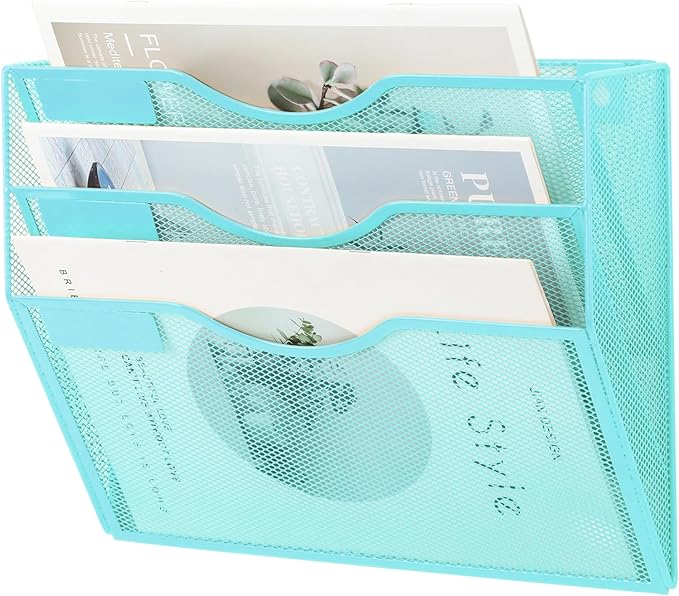 EASEPRES 3 Pocket Mesh Hanging Wall File Organizer, Wall Mounted Mail Paper Document Folder Holder, Clipboard Storage Organization Magazine Rack with Nametag Label for Office Home School, Blue-DeskLoop Office