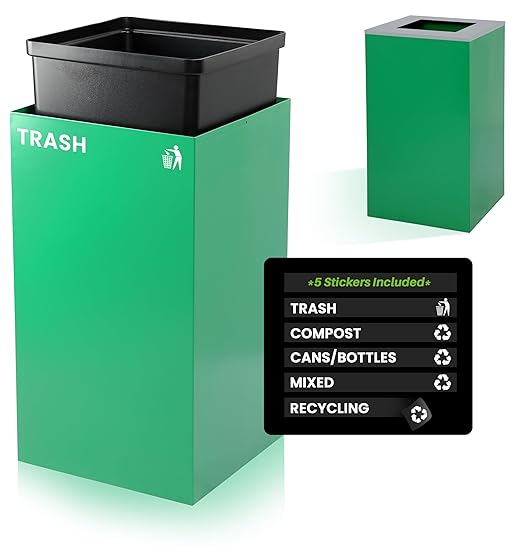 Alpine Commercial Indoor Recycle Bin - 29 Gallon Modern Looking Green Recycle Bin, Office Recycling Bins, Metal Trash and Recycling Container with Stickers & 3 Optional Lids (lid Sold Separately)-DeskLoop Office