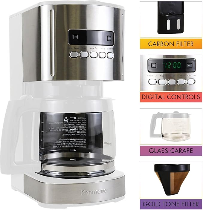 Kenmore drip Coffee Maker - 12 Cup programmable cafe machine with glass pot, regular & bold brew, auto shut off large water reservoir, reusable filter, kitchen appliances for cafeteria barista, White-DeskLoop Office