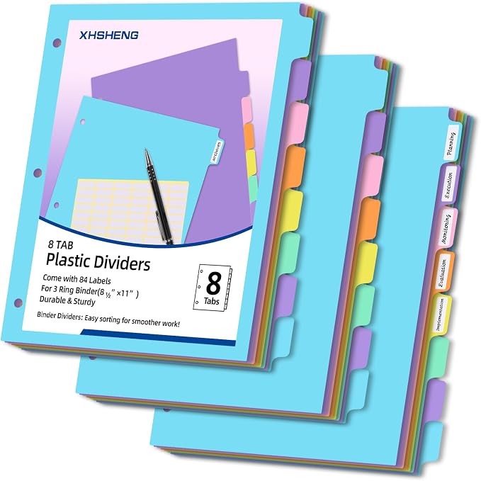 3 Ring Binder Dividers with TAB, 8 Tab 3 Hole Punch Dividers, Pastel Color by XHSHENGOFFICEPRODUCT