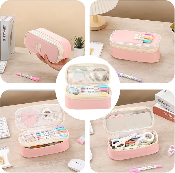 Pencil Case for Girls Kids Teens Adults Big Pencil Bag with Zipper Big Pen Pouch Large Stationery Pen Case Organizer for School Pink-DeskLoop Office