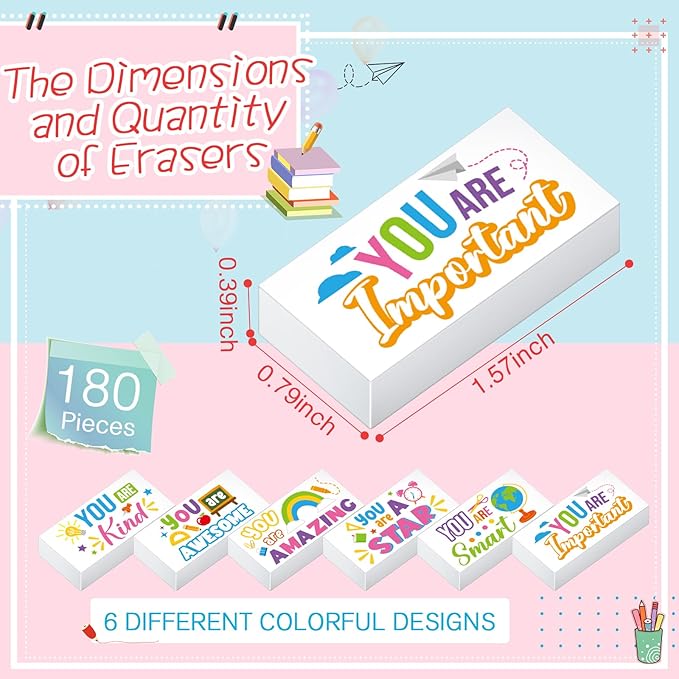 180 Pcs Inspirational Erasers for Kids Christian Pencil Erasers Bulk, Back-to-School Gifts Motivational and Cute Supplies for Students Classrooms, Drawing(White,Inspirational)-DeskLoop Office