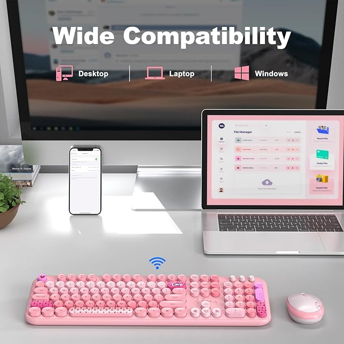 Wireless Keyboard and Mouse, Typewriter Full Size Keyboard with Number Pad and 2 in 1 USB Connected Mouse for Windows 7/8/10, Laptop, Desktop, PC, Computer (Pink Colorful)-DeskLoop Office