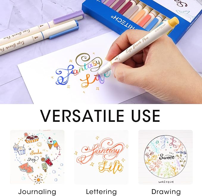WRITECH Arts Sign Brush Pen Brush Tip Marker Felt Tip Water Based Ink Color Pens 12 Assorted Vintage Colors Great for Lettering Journaling Calligraphy (Vintage)-DeskLoop Office
