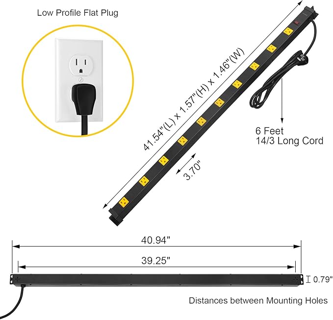 SURAIELEC 10 Outlet Long Power Strip Surge Protector, Industrial Heavy Duty Metal Shop Power Strip with Flat Plug, 1000 Joules, 15 AMP Breaker, 6FT Cord, Wall Mountable, for Work Bench, Shop, Garage-DeskLoop Office