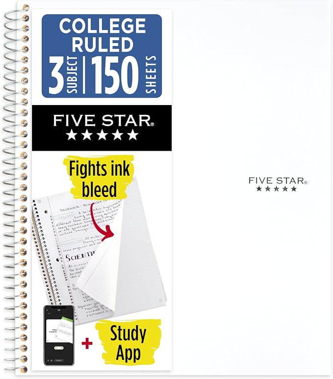Five Star Spiral Notebook + Study App, 3 Subject, College Ruled Paper, 8-1/2" x by FiveStar