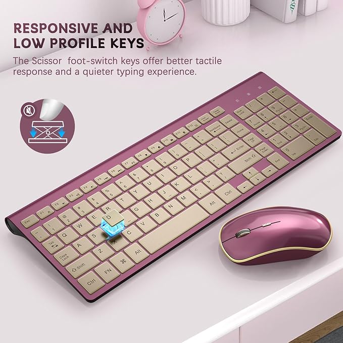 JOYACCESS Wireless Keyboard and Mouse, 2.4g Slim and Ergonomic Wireless Keyboard Mouse Combo- Full Size and Portable Design for Laptop/Windows/Computer-Wine Red Gold-DeskLoop Office