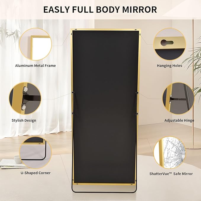 Full Length Mirror with Stand 34"x76" Full Body Mirror Floor Mirror Standing Hanging or Leaning Wall, Wall Mirror with Stand Aluminum Alloy Frame for Living Room Bedroom Cloakroom,Gold-DeskLoop Office