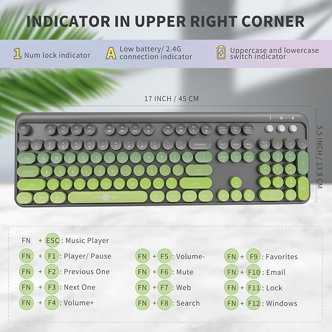 FOPETT Wireless Keyboard and Mouse Combo - 2.4G Full-Sized Cute Colorful Mouse and Keyboard with 104 Round Keys Retro Typewriter Keyboard for Laptop/Windows/PC - Green Gradient-DeskLoop Office