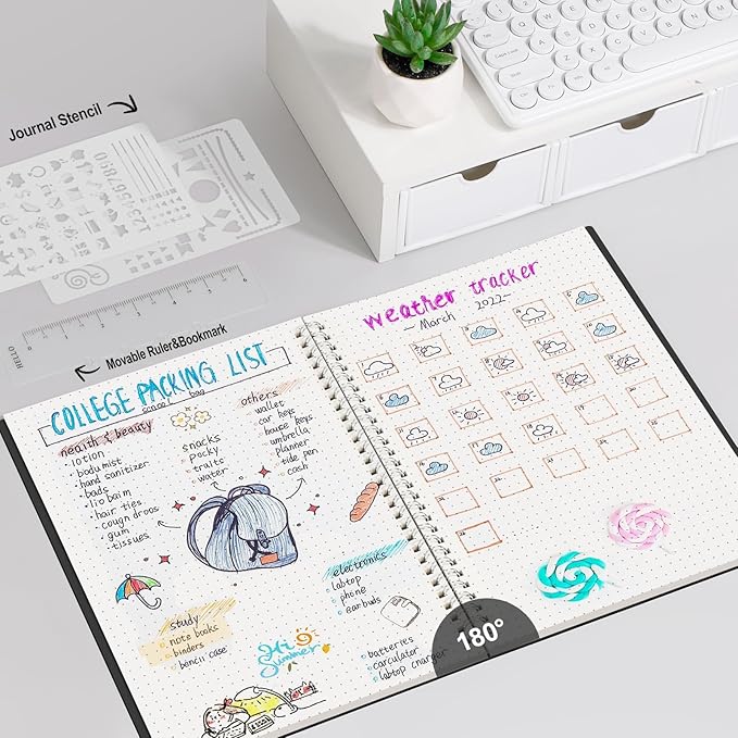 AHGXG Bullet Dotted Journal - Dot Grid Spiral Notebook B5, 140 Pages, 100 GSM Thick Paper, Waterproof Plastic Cover Journals for Bullet Journaling, Sketching, 7.6" x 10", Black-DeskLoop Office