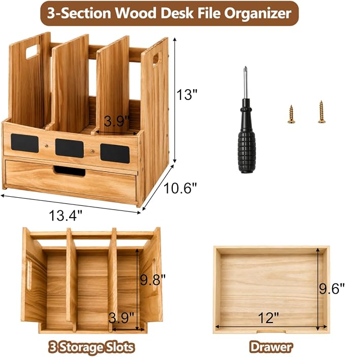 Wood Desk File Organizer, 3-Section Vertical File Holder - Image 2