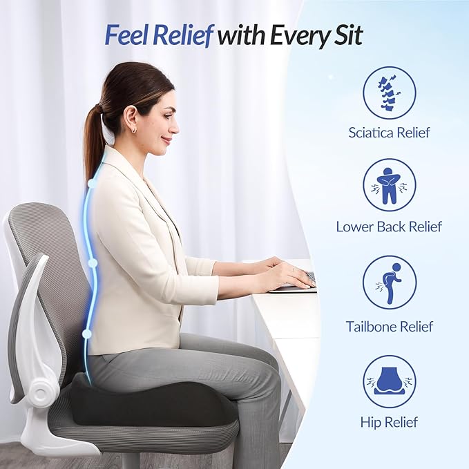 ZIKEE Pioneering Seat Cushion for Pressure Relief, Ergonomic Office Chair Cushion for Sciatica, Back, Hemorrhoids & Tailbone Pain Relief, High-Density Memory Foam Car Seat Cushion with Anti-Slip Base-DeskLoop Office