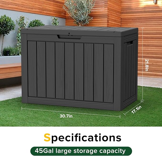 45 Gallon Resin Deck Box, Waterproof Outdoor Storage Bin for Patio, Poolside, and Garden, Lockable & UV-Resistant, Ideal for Small Spaces, Black-DeskLoop Office