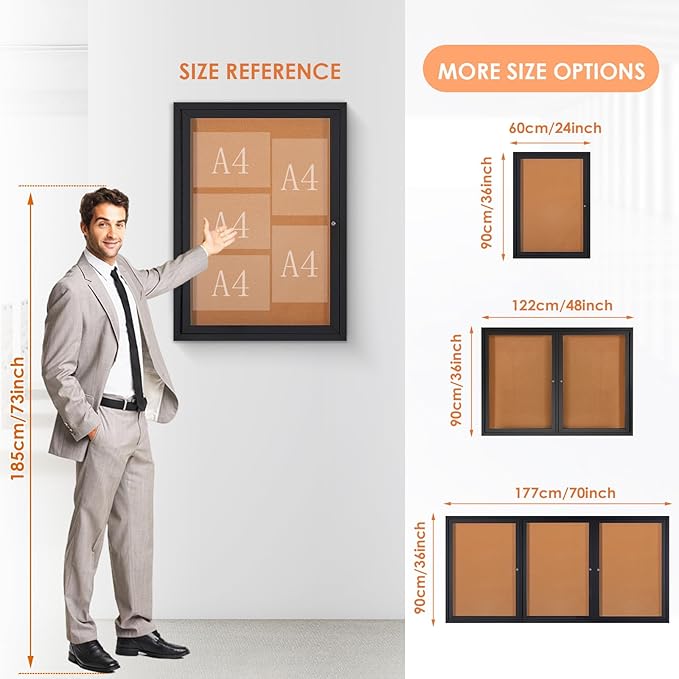 Enclosed Bulletin Board Outdoor Noticeboard with Locking Door, Weather-Resistant, Cork, Black Aluminum Frame, 70 x 36 in-DeskLoop Office