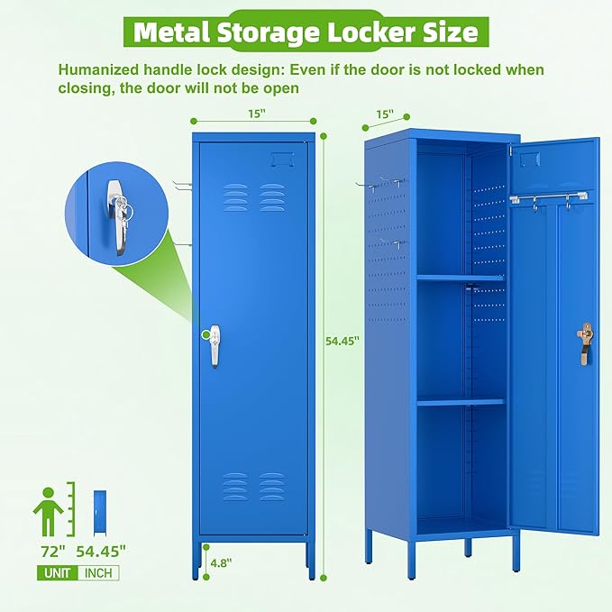 Aobabo Metal 54" H Metal Storage Locker for Employees, Lockable 1 Door with Towel Rack and 2 Side Pegboards with Hooks for School Office Gym Home, Assembly Required (Blue)-DeskLoop Office