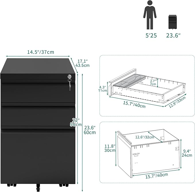 YITAHOME 3 Drawer File Cabinet with Lock, 20” Deep Office Vertical Files, Mobile Metal Filing Cabinet, Metal Vertical Filing Storage Cabinet for Letters/Legal/A4 Size，Black-DeskLoop Office