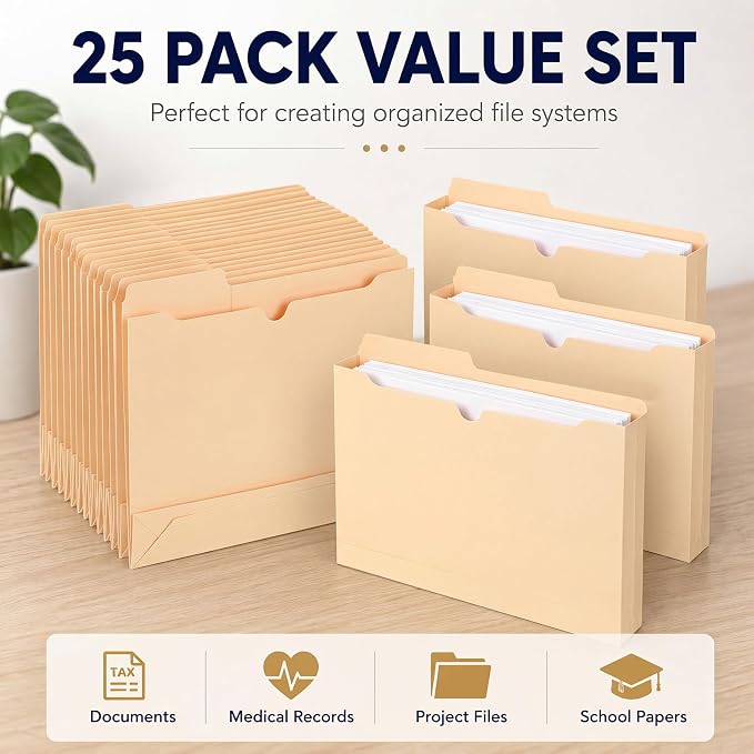 25 Pack Manila File Jacket, 2 Inch Expandable File Folders - Image 7