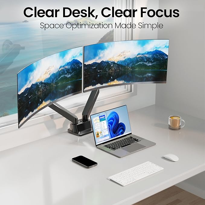 EVEO Premium Dual Monitor Mount 14"-32” Dual Monitor Arm VESA Bracket Adjustable Height Gas Spring Dual Monitor Stand, Screen Full Motion Dual Monitor Arm-Computer Monitor Stand for 2 Screens - Black-DeskLoop Office