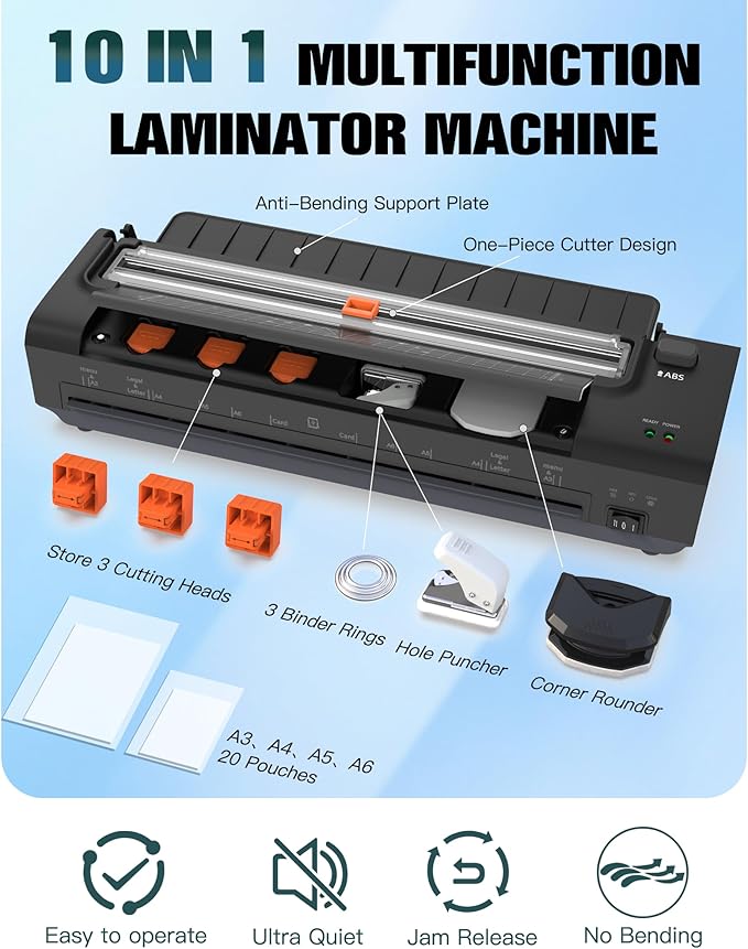 13 Inch Laminator Machine with Auto Paper Feed, Never Jam A3 Thermal & Cold Lamination, 20 Laminating Sheets, 10-in-1 Laminator with Cutter, Trimmer & Corner Rounder for Office School Home Use Black-DeskLoop Office