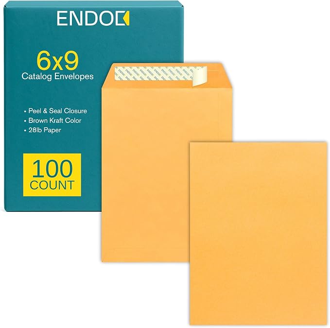 6x9 Brown Kraft Open End Envelopes Peel & Seal, 100 Pack, Self Seal Mailing by EnDoc