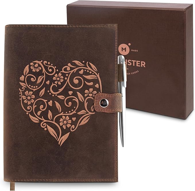moonster Refillable Leather Journal Embossed Heart Shape Cover Design Journals by MoonsterHandmadeLeather
