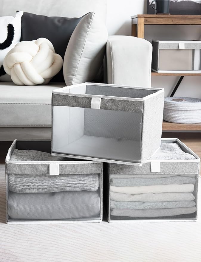 StorageWorks Closet Storage Bins, Large Storage Baskets with Clear Window and Handles, Foldable Fabric Organizer for Clothes, Shelves, Gray, 3 Pack-DeskLoop Office