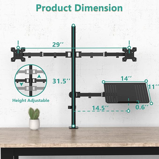 WALI Dual Monitor Stand, Laptop and Monitor Stand for 2 Screen 1 Laptop Notebook, Extra Tall Desk Mount for Monitor up to 27 inch, Notebook up to 17 inch (M002XLLP), Black-DeskLoop Office